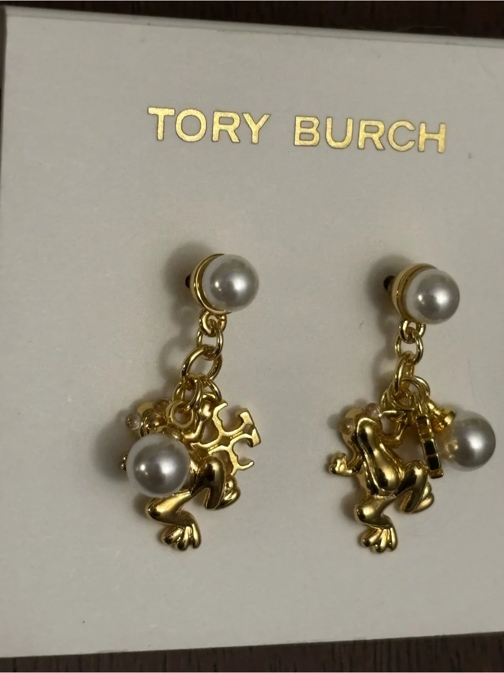 Brand new Tory Burch Gold plated Frog Drop Earrings with White Pearls
